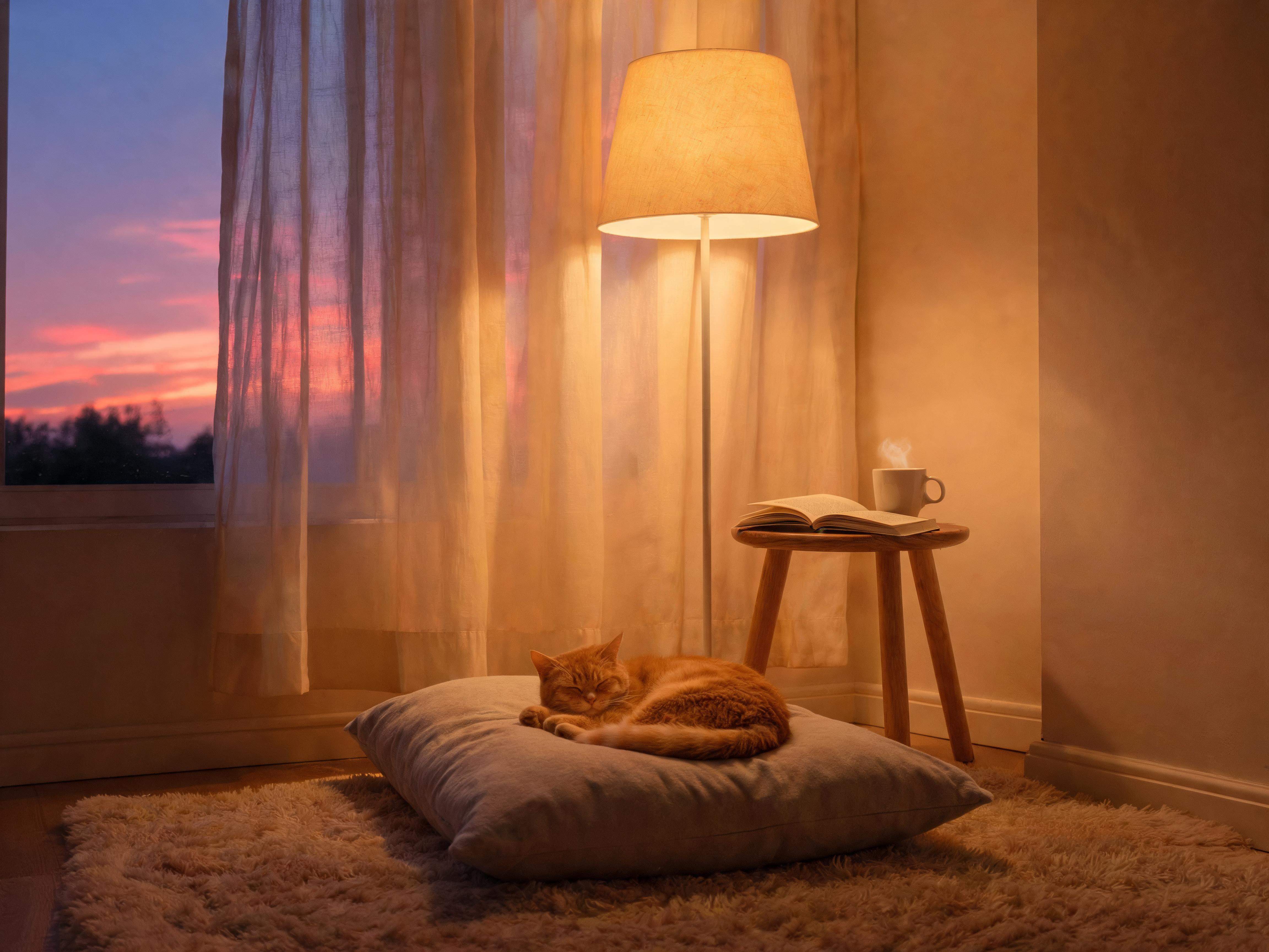 暖屿宠舍室内环境——黄昏时分，暖色落地灯旁，一只金毛犬趴在地毯上安然入睡